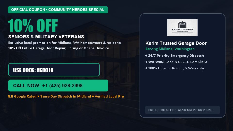 Karim Trusted Garage Door 10% OFF Seniors & Military Veterans in Midland, WA